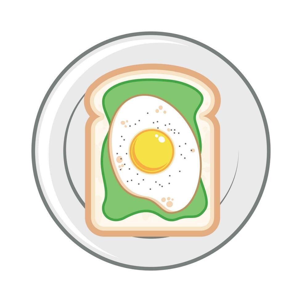 White Bread Slice and Sunny side egg Cute in top of guacalome Cartoon Character mascot with smiling face vector flat design illustration template free editable