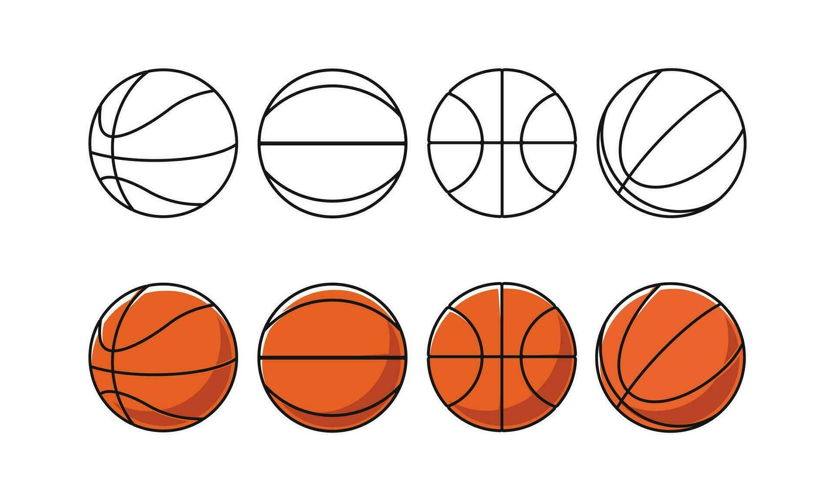 Basketball ball in many view position cartoon and outline icon flat art design illustration template free editable vector