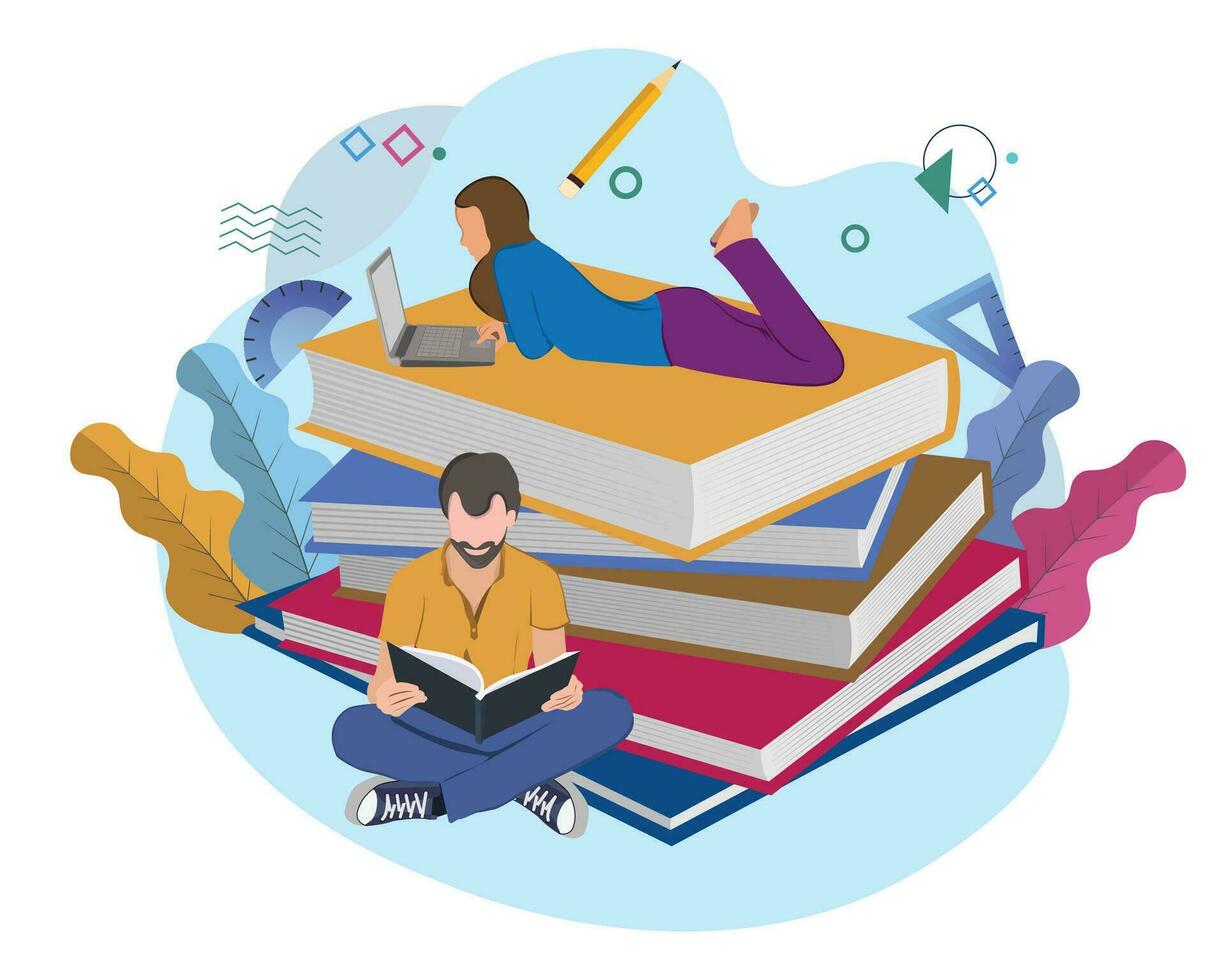 People celebrate international literacy day and happy student day by working on computers and reading books vector