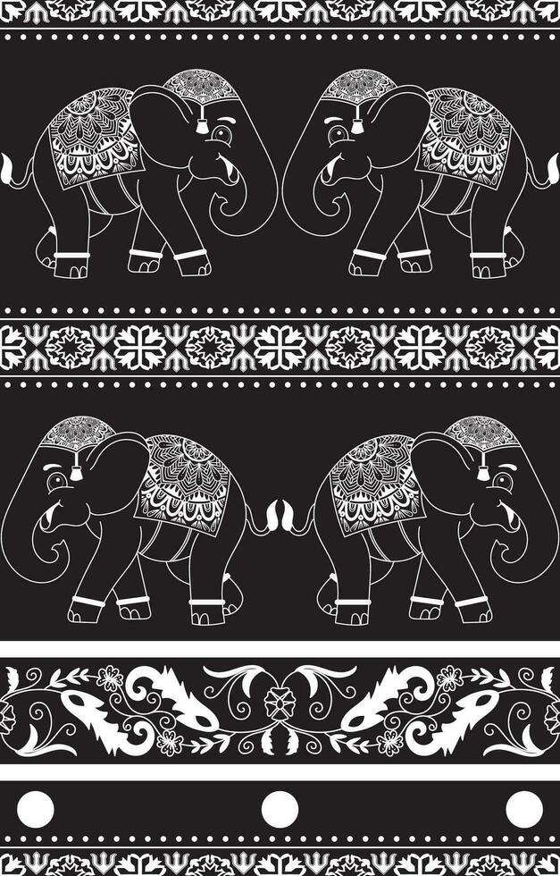 elefante modelo. sin costura. blanco rayas, negro antecedentes. etnicidad floral patrones, impreso telas, pantalones, lana vector