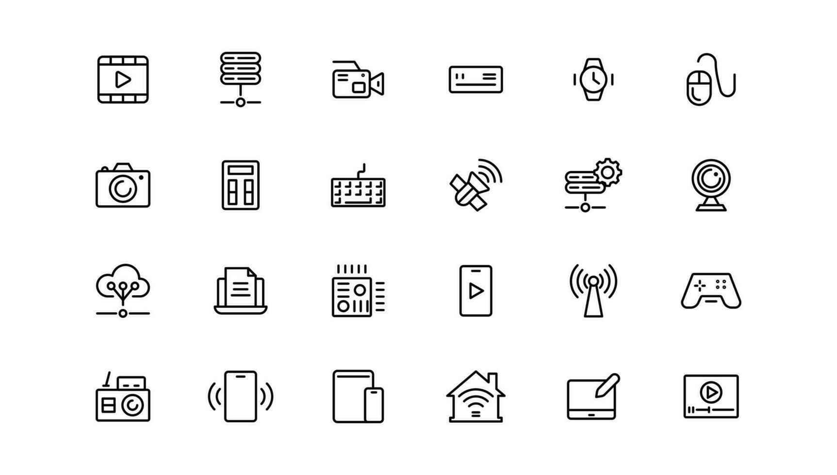 dispositivo y tecnología línea icono colocar. electrónico dispositivos y artilugio, computadora, equipo y electrónica. computadora monitor, teléfono inteligente, tableta y ordenador portátil sumbol colección vector