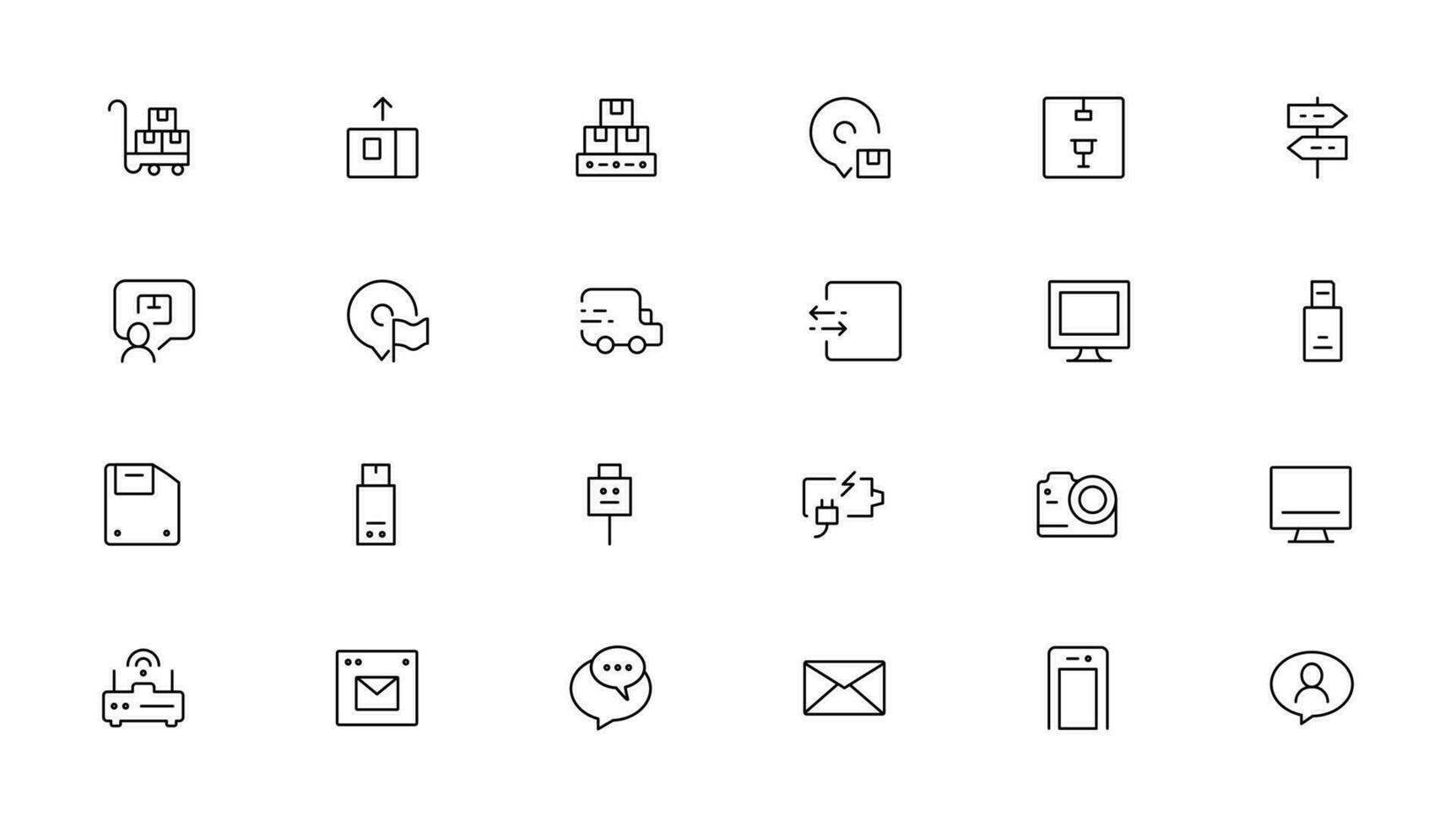 Set of line icons related to office and data exchange. Outline icon collection. Editable stroke. Vector illustration