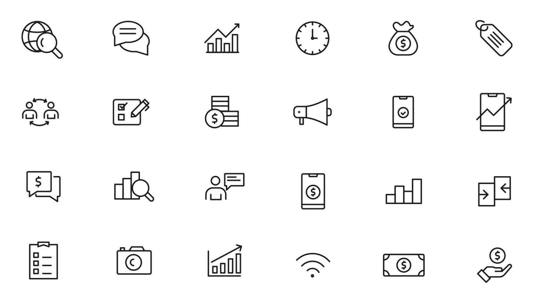 Vector business and finance editable stroke line icon set with money, bank, check, law, auction, exchance, payment, wallet, deposit, piggy, calculator, web and more isolated outline thin symbol