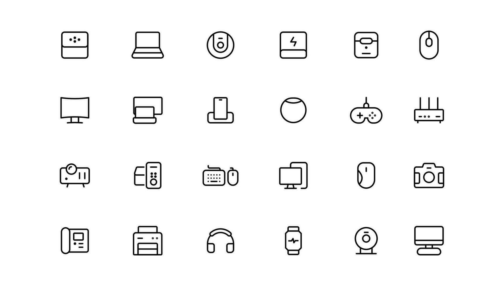 Device and technology line icon set. Electronic devices and gadgets, computer, equipment and electronics. Computer monitor, smartphone, tablet and laptop sumbol collection vector