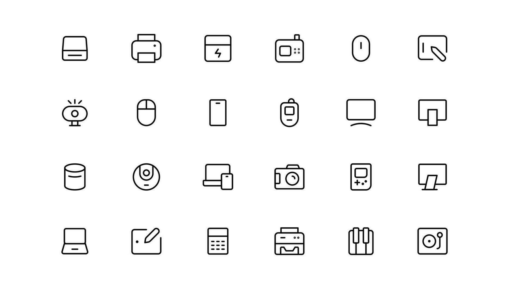 Device and technology line icon set. Electronic devices and gadgets, computer, equipment and electronics. Computer monitor, smartphone, tablet and laptop sumbol collection vector