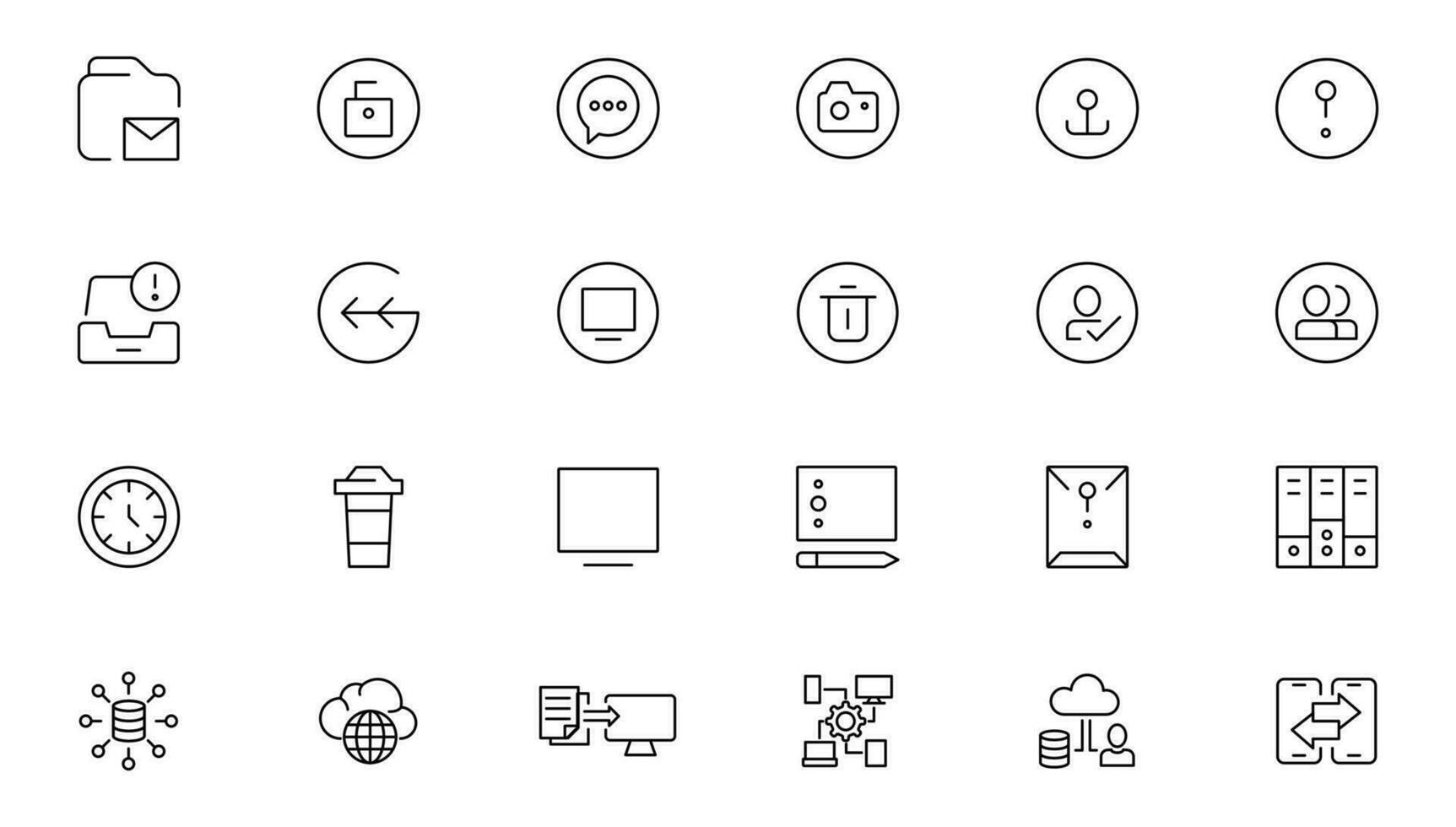 Information technology editable stroke outline icon set with IT network system, communication, online computer, website content, web design, software, data center, mobile device and app thin line sign vector