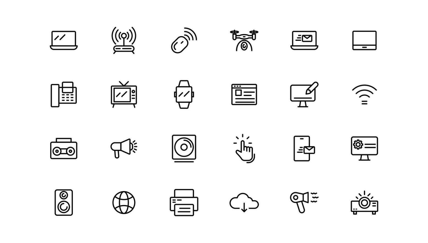 Device and technology line icon set. Electronic devices and gadgets, computer, equipment and electronics. Computer monitor, smartphone, tablet and laptop sumbol collection vector