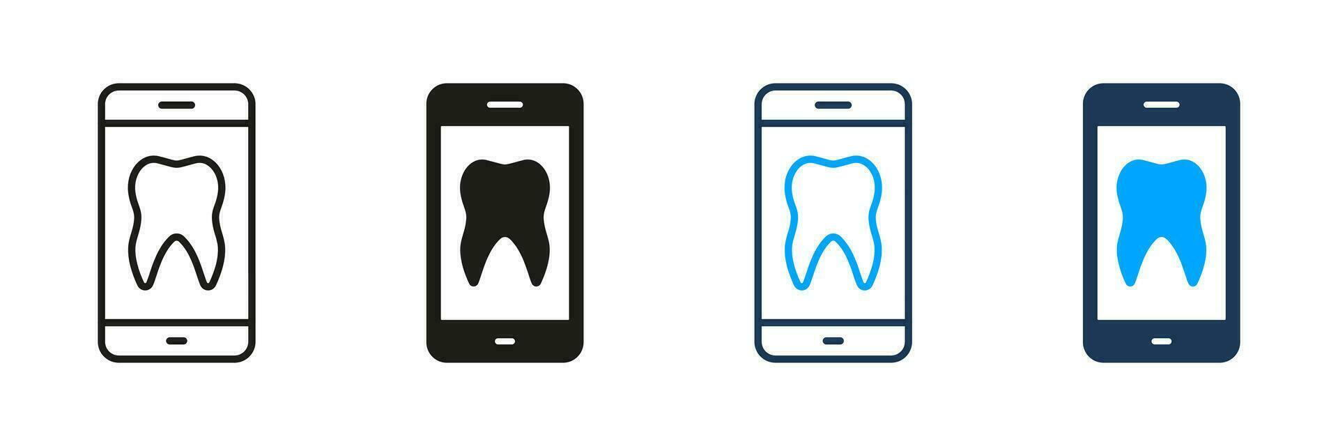 Online Dentist Help in Smartphone Silhouette and Line Icon Set. Remote Tooth Health Diagnosis, Dental Care Black and Color Pictogram. Dentistry Medicine in Mobile Phone. Isolated Vector Illustration.