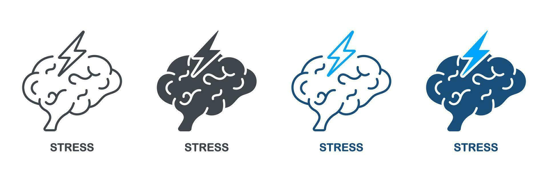 Human Brain with Lightning Silhouette and Line Icon Set. Stress, Mental Problem. Headache, Anxiety, Tension Symbol Collection. Migraine, Cephalalgia, Depression Sign. Isolated Vector Illustration.