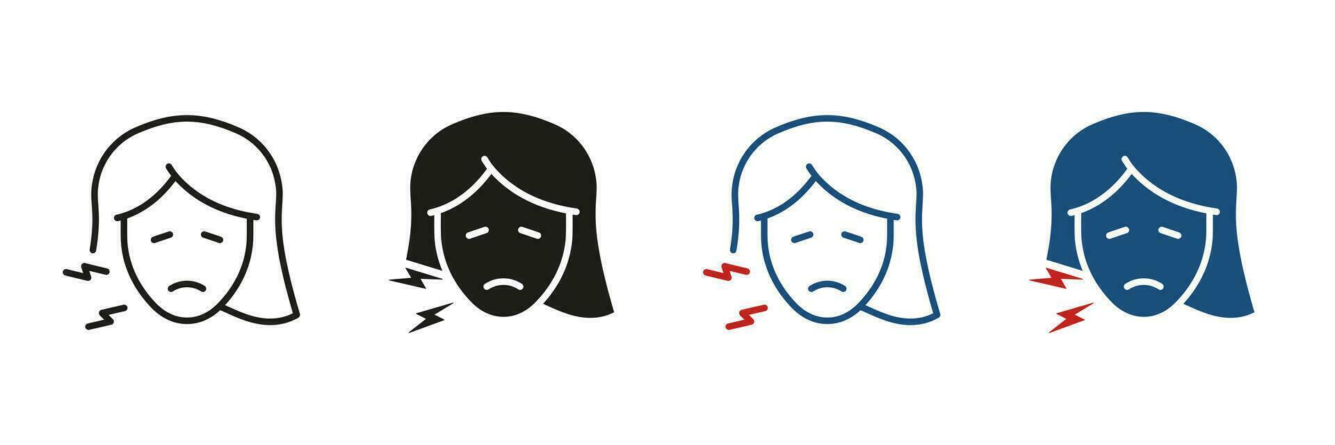 Teeth Ache Black and Color Pictogram Collection. Woman with Dental Pain Symbol Set. Toothache Silhouette and Line Icons. Human Oral Disease, Dentist's Medical Treatment. Isolated Vector Illustration.