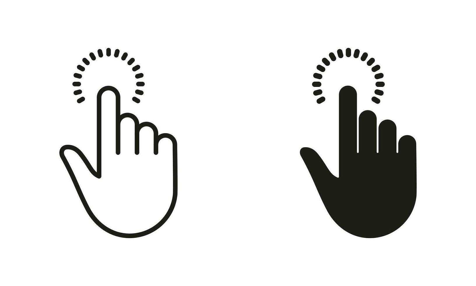 Cursor Hand of Computer Mouse Line and Silhouette Black Icon Set. Pointer Finger Pictogram. Tap, Touch, Point, Click, Press, Swipe Gesture Sign Collection. Isolated Vector Illustration.