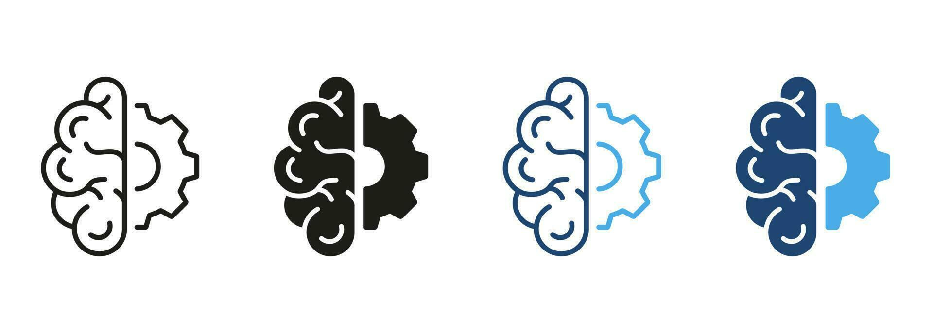 Technology Innovation Concept, Half of Human Brain and Half of Gear Line and Silhouette Color Icon Set. Artificial Intelligence Pictogram. Strategy Think Symbol. Isolated Vector Illustration.
