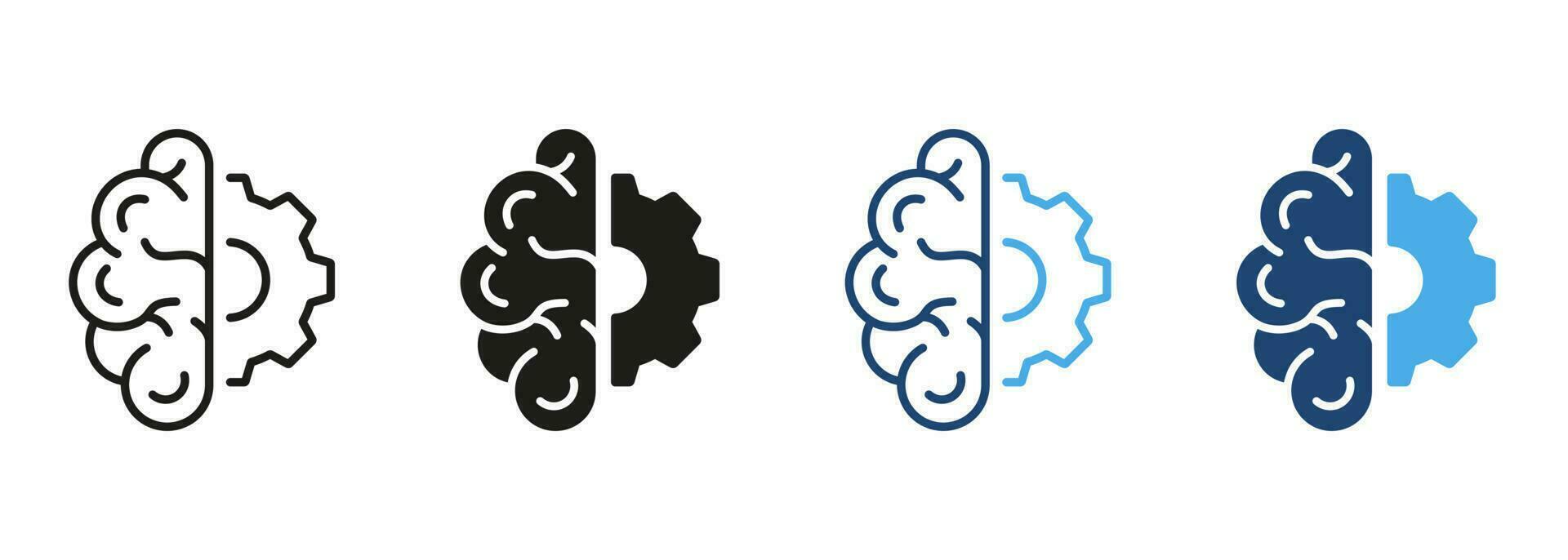 tecnología innovación concepto, medio de humano cerebro y medio de engranaje línea y silueta color icono colocar. artificial inteligencia pictograma. estrategia pensar símbolo. aislado vector ilustración.