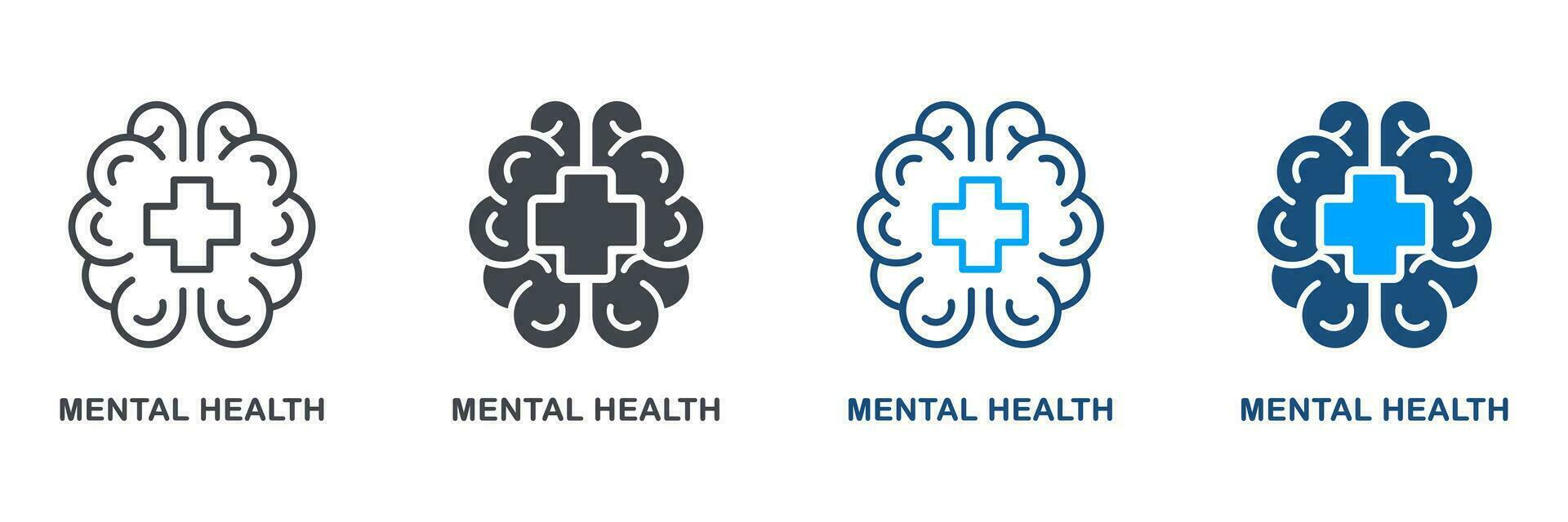 Mental Health Silhouette and Line Icon Set. Emotional Support Symbol Collection. Human Brain with Cross Shape, Medical Aid for Human with Psychological Disorder. Isolated Vector Illustration.