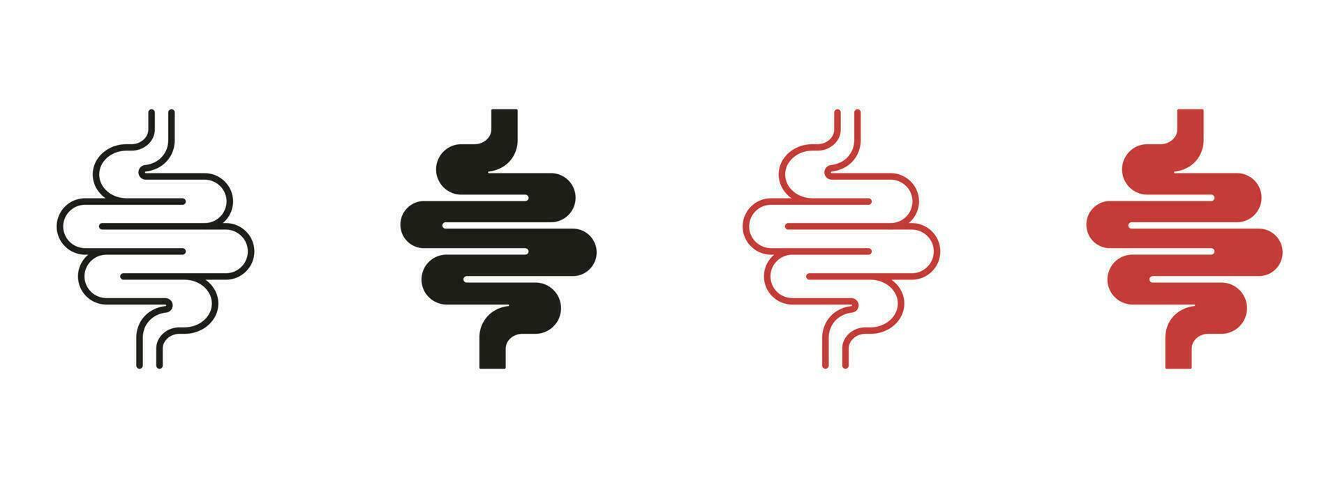 Intestine Line and Silhouette Color Icon Set. Health Colon, Small Gut, Bowel, Human Digestive System Pictogram. Gastrointestinal Inflammation Symbol Collection. Isolated Vector Illustration.