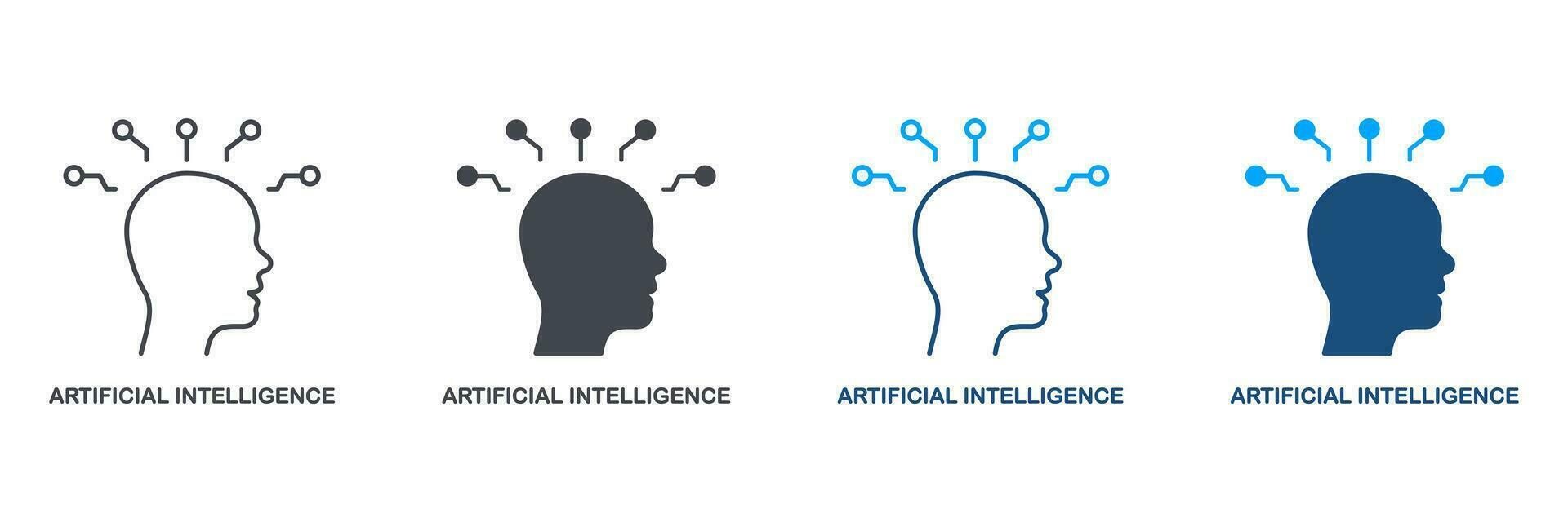 Artificial Intelligence Silhouette and Line Icon Set. AI in Human Brain Pictogram. Digital Technology and Machine Learning Symbol Collection. Isolated Vector Illustration.