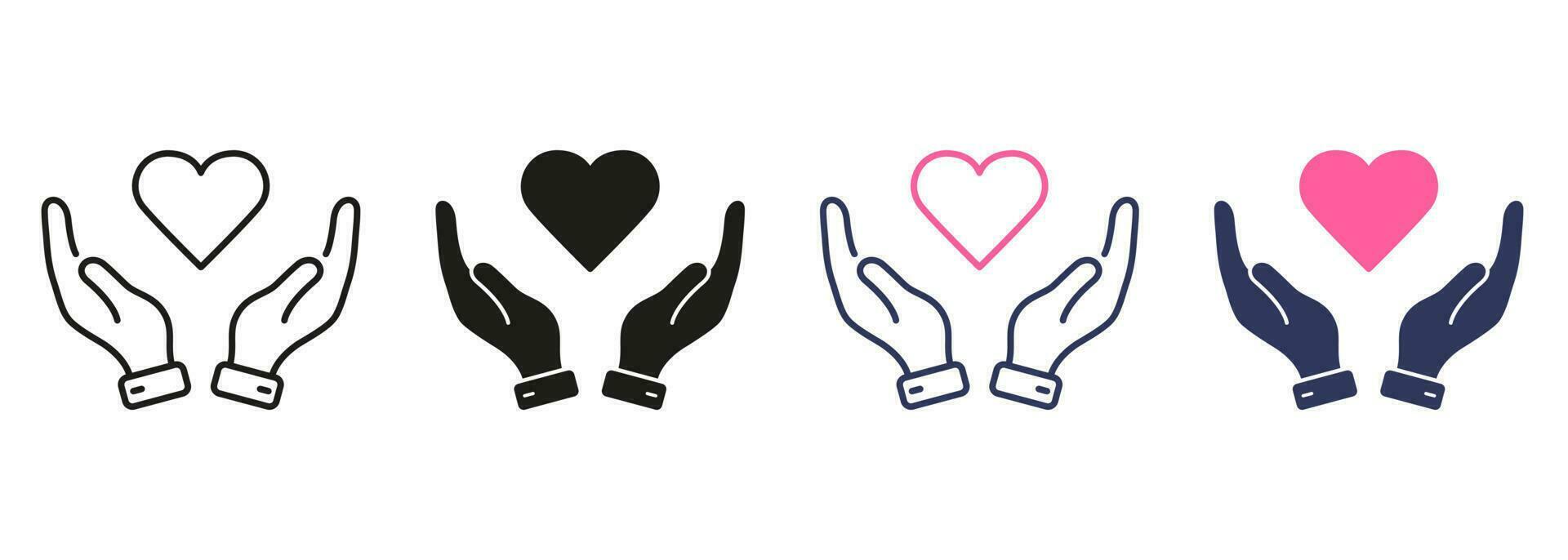 paz amistad, emocional apoyo símbolo recopilación. amar, salud, caridad, cuidado, ayuda línea y silueta color icono colocar. humano mano y corazón forma pictograma. aislado vector ilustración.
