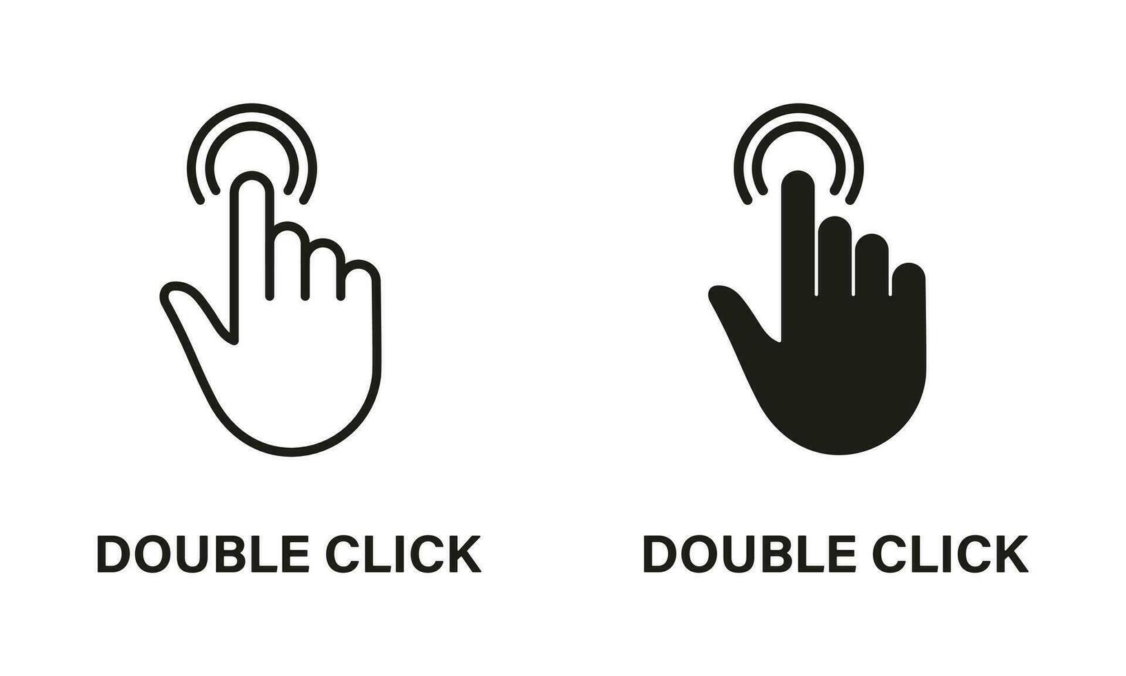 Double Click Gesture, Hand Cursor of Computer Mouse Line and Silhouette Black Icon Set. Pointer Finger Pictogram. Double Press, Swipe, Touch, Point, Tap Sign. Isolated Vector Illustration.