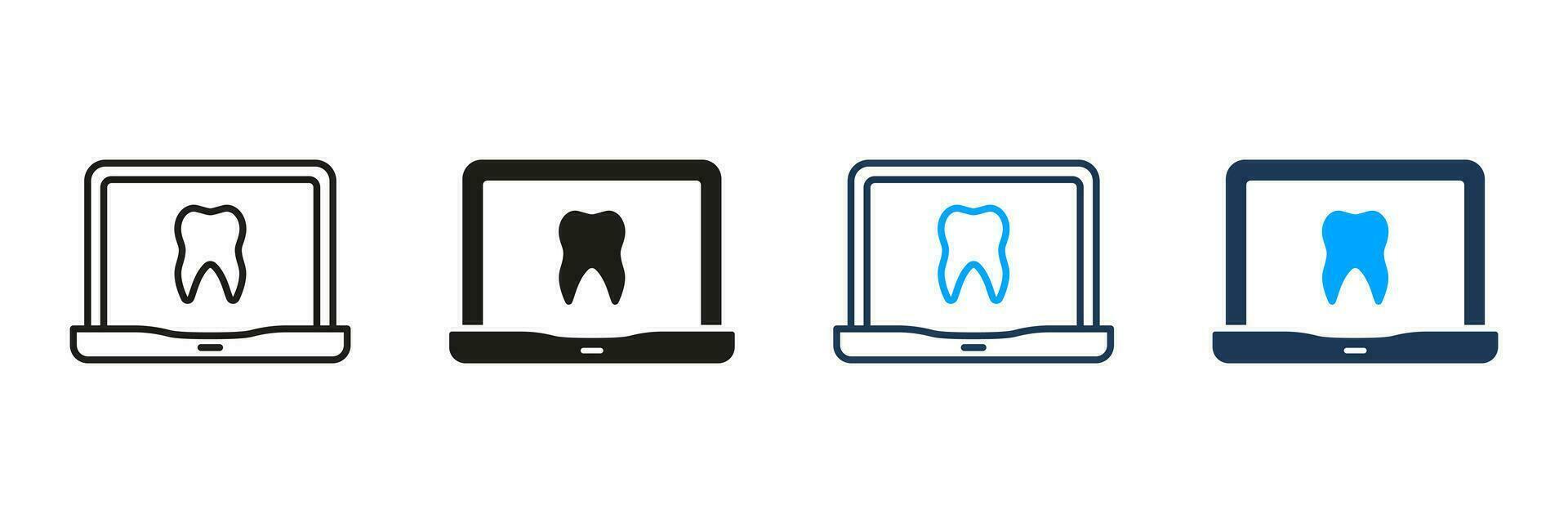 Online Dentistry Silhouette and Line Icon Set. Remote Health Diagnosis Sign. Dentist Help in Laptop Pictogram Collection. Virtual Consultation for Dental Care Symbol. Isolated Vector Illustration.