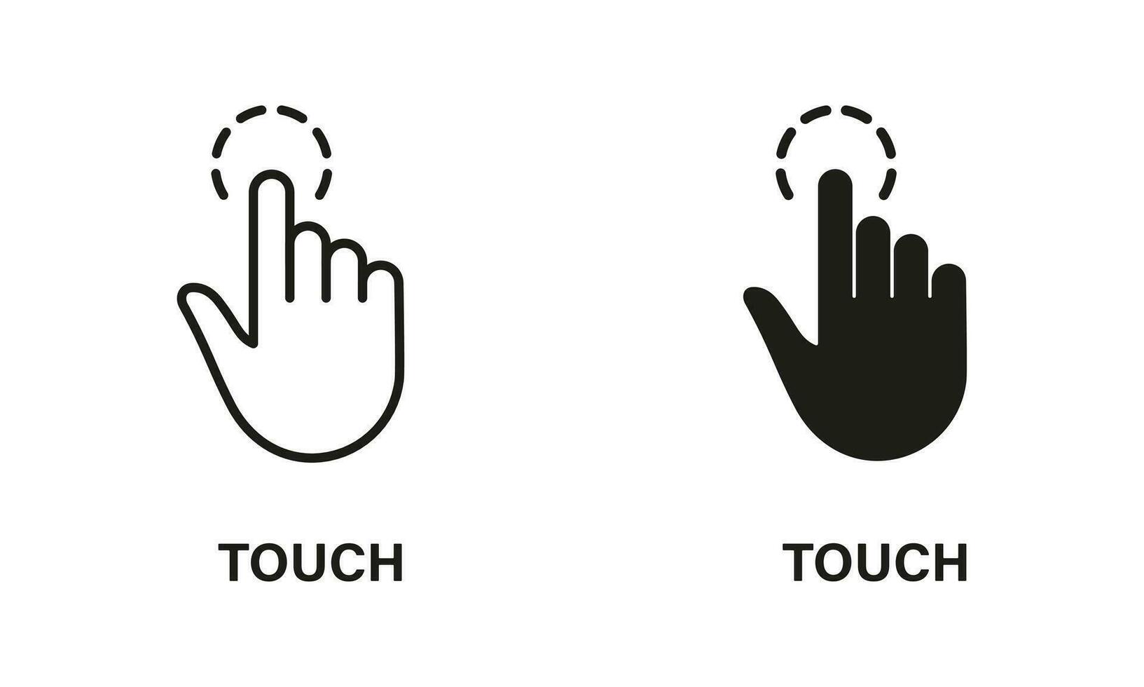 Touch Gesture, Hand Cursor for Computer Mouse Line and Silhouette Icon Set. Swipe, Click, Tap, Press, Point Sign Collection on White Background. Pointer Finger Pictogram. Isolated Vector Illustration.