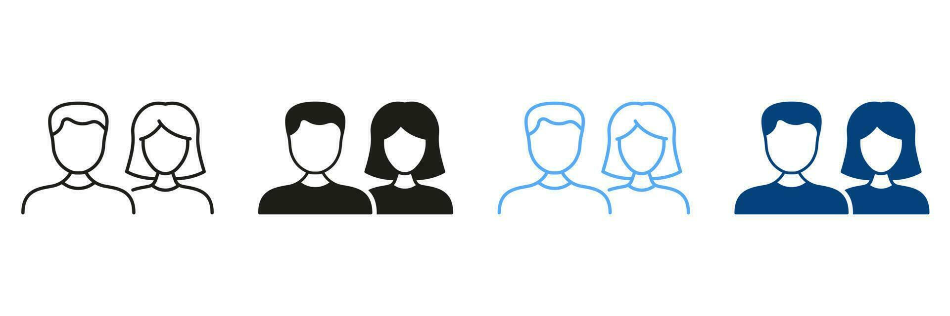 Woman and Man Line and Silhouette Icon Set. Couple of Female and Male Pictogram. Human Portrait. Business Staff, People Portrait Black and Color Symbol Collection. Isolated Vector Illustration.