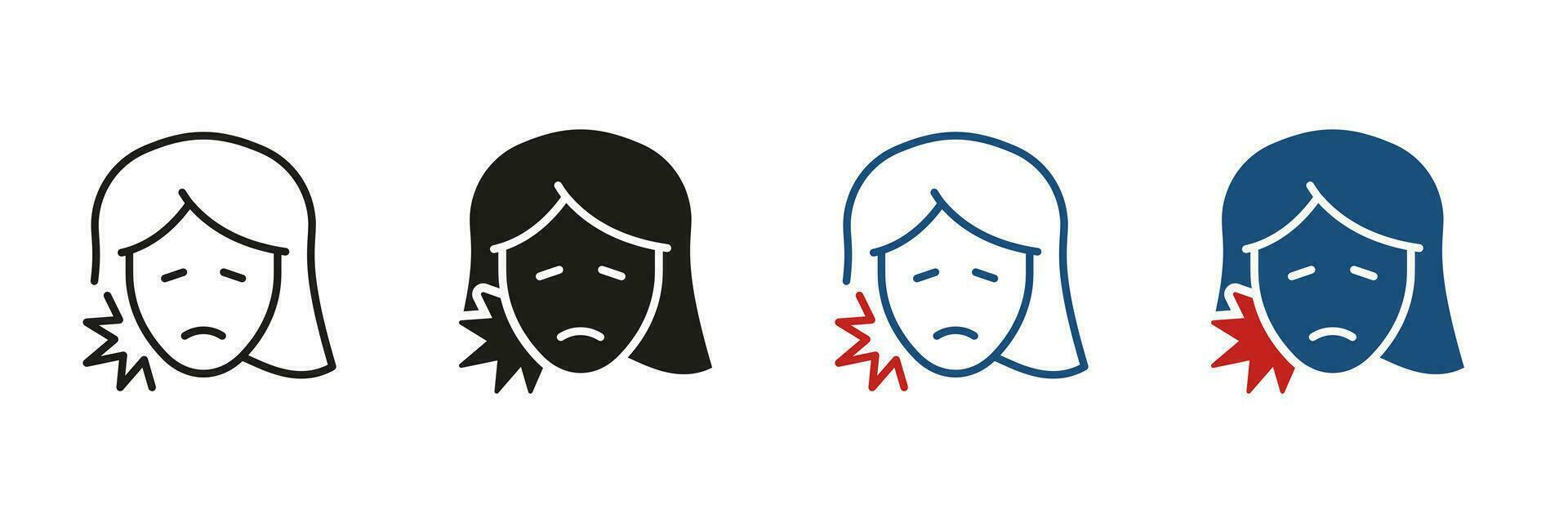 Human Oral Disease, Dentists Medical Treatment. Female Teeth Ache Silhouette and Line Icon Set. Toothache Symbol. Woman with Dental Pain Pictogram Collection. Isolated Vector Illustration.
