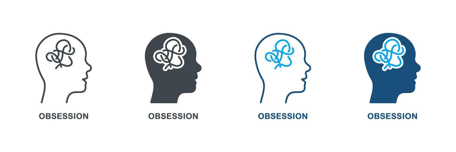 Mental Obsession in Human Head Silhouette and Line Icon Set. Brainstorm, Depression, Chaos Pictogram. Person Mind Disorder Symbol Collection. Intellectual Process. Isolated Vector Illustration.