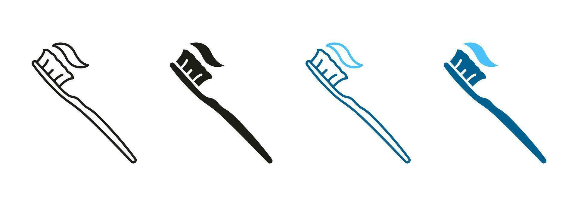 Toothpaste and Toothbrush Line and Silhouette Icon Set. Oral Hygienic Tool, Tooth Care Equipment Pictogram Collection. Dental Daily Hygiene Color and Black Symbol. Isolated Vector Illustration.