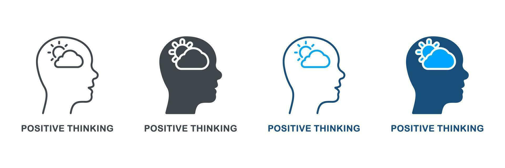 Inspiration, Positive Thinking Silhouette and Line Icon Set. Optimistic Good Emotion Pictogram. Sun in Human Head, Mental Health Symbol Collection. Intellectual Process. Isolated Vector Illustration.