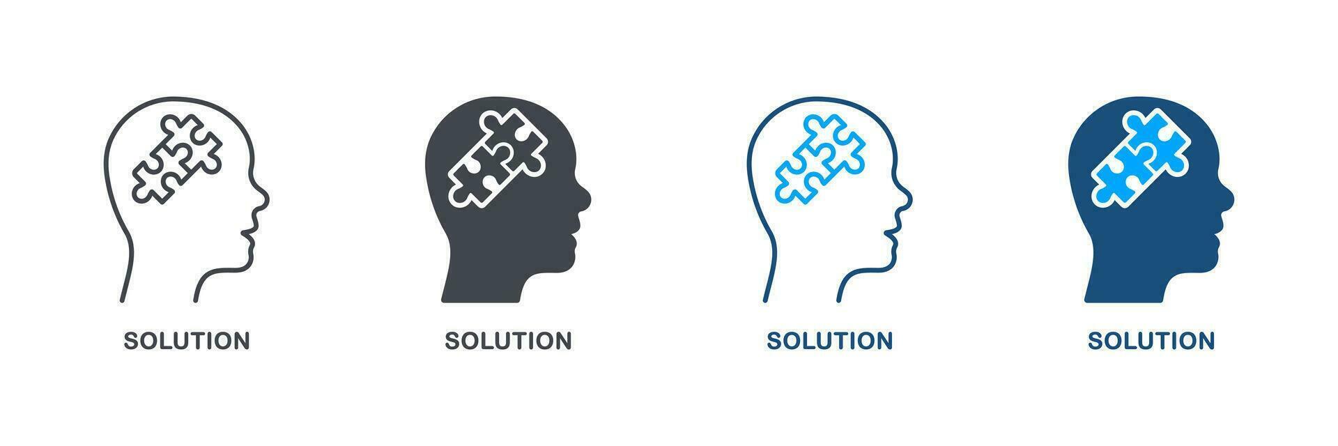 Creative Idea, Person Brain and Jigsaw Pieces Silhouette and Line Icon Set. Puzzle in Human Head Solution Pictogram. Brainstorm Intellectual Process Symbol Collection. Isolated Vector Illustration.