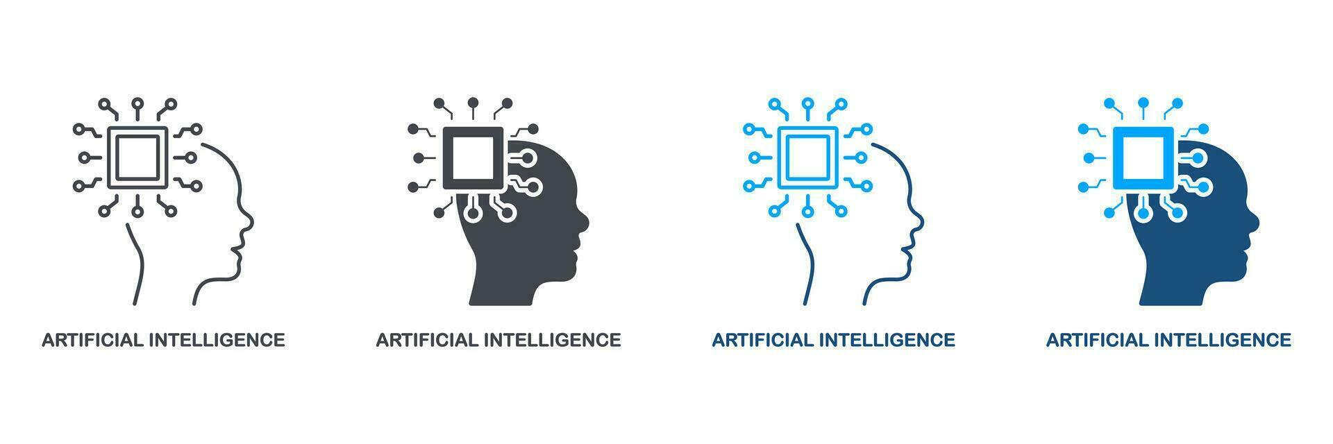 AI in Human Brain Pictogram. Digital Technology and Machine Learning Symbol Collection. Artificial Intelligence Silhouette and Line Icon Set. Isolated Vector Illustration.