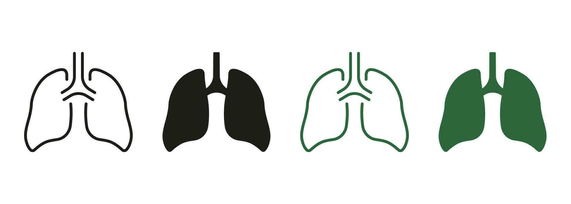 Respiration Illness Symbol Collection on White Background. Healthy Bronchial Respiratory System Line and Silhouette Color Icon Set. Lung, Human Internal Organ Pictogram. Isolated Vector Illustration.