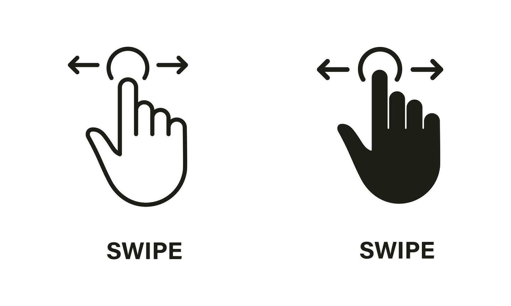 Swipe Gesture to Right and Left, Hand Cursor of Computer Mouse Line and Silhouette Black Icon Set. Pointer Finger Pictogram. Click, Press, Touch, Tap Symbol Collection. Isolated Vector Illustration.