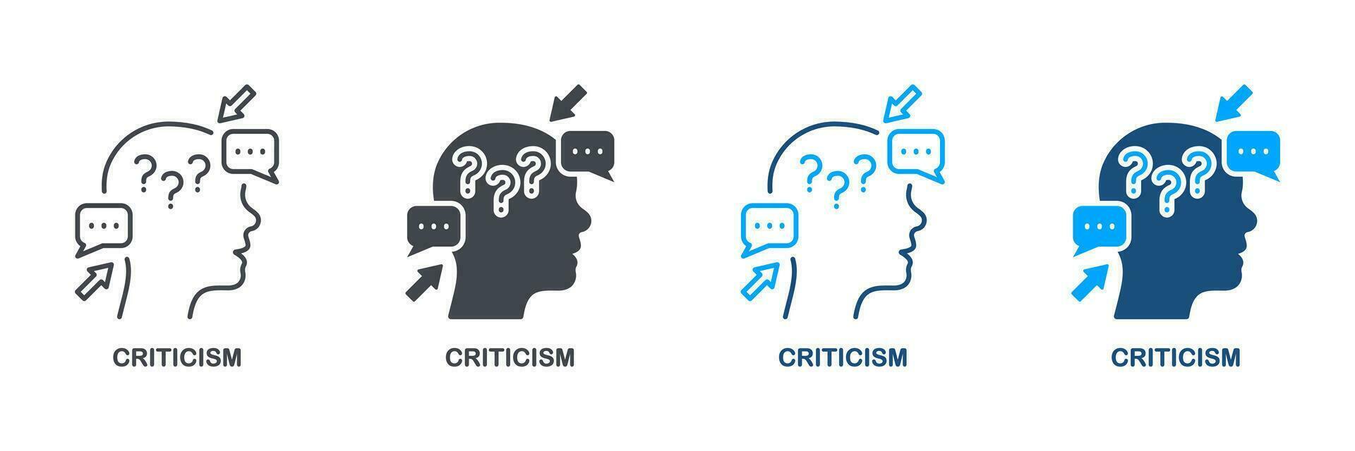 Critic Thinking, Intellectual Process Symbol Collection. Critical Review, Criticism Pictogram. Frustrated Human, Angry Swear and Complain Silhouette and Line Icon Set. Isolated Vector Illustration.