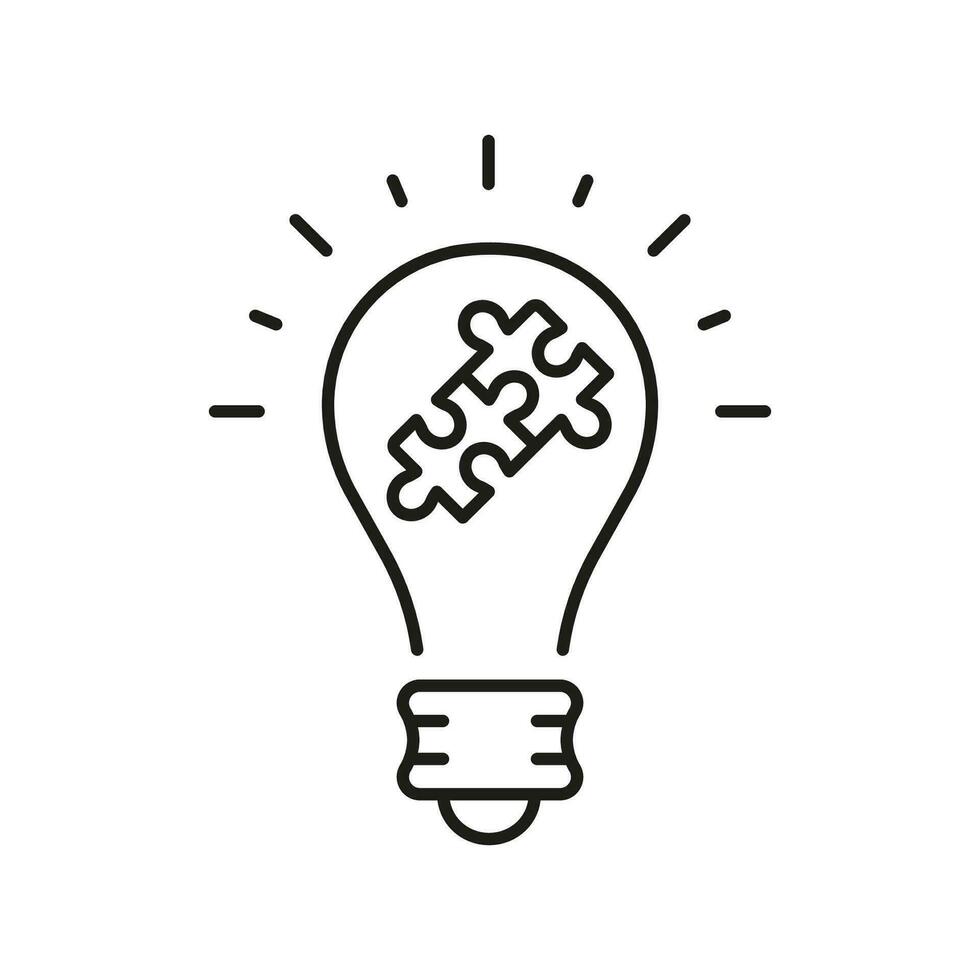 Success Innovation, Inspiration, Idea Concept, Puzzle in Lightbulb Line Icon. Solution Pictogram. Jigsaw in Light Bulb, Invention Strategy Outline Sign. Editable Stroke. Isolated Vector Illustration.