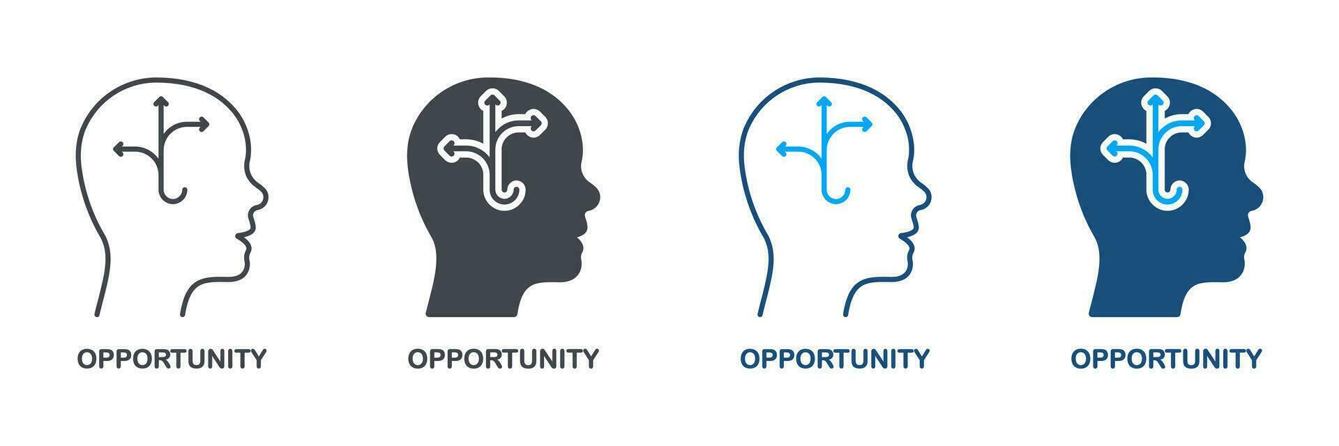 Opportunity, Success, Choice Silhouette and Line Icon Set. Goal, Potential Success, Intellectual Process Symbol Collection. Idea for Career Development in Human Head. Isolated Vector Illustration.