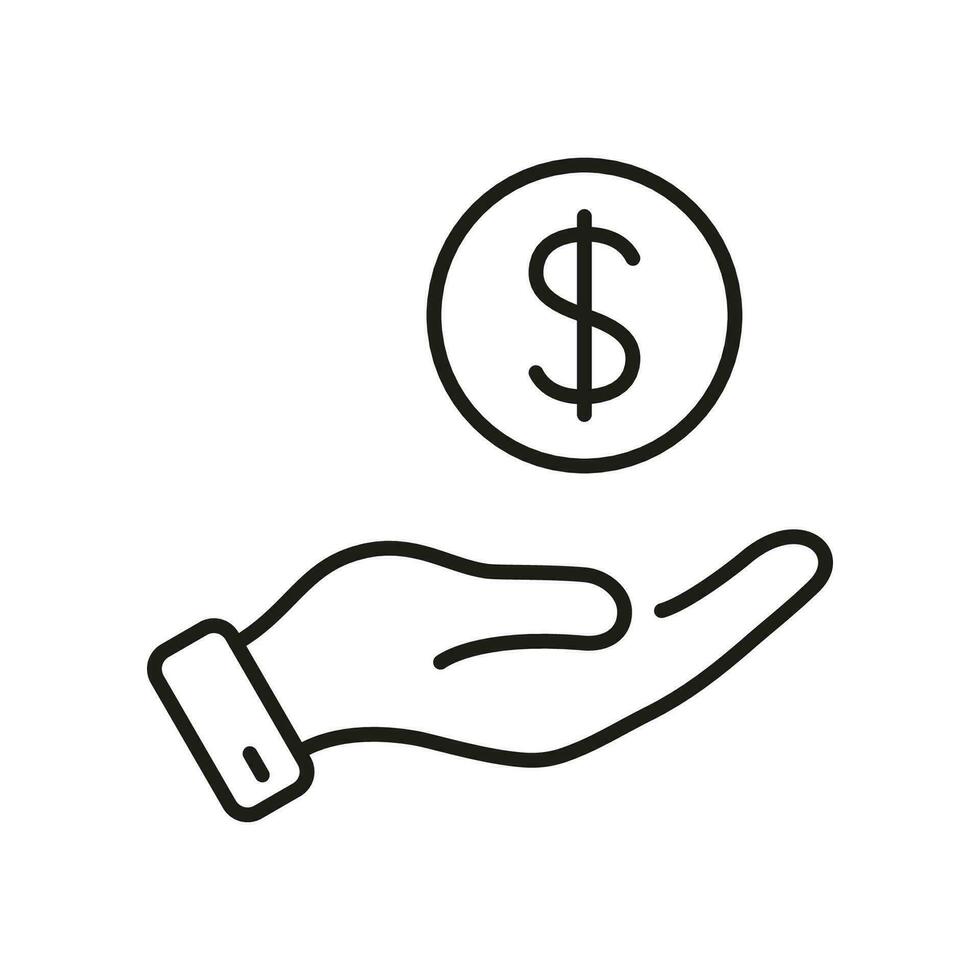 Dollar Coin in Human Hand Line Icon. Finance Payment, Salary Linear Pictogram. Business Wealth Outline Symbol. Save Money Sign. Financial Economy. Editable Stroke. Isolated Vector Illustration.