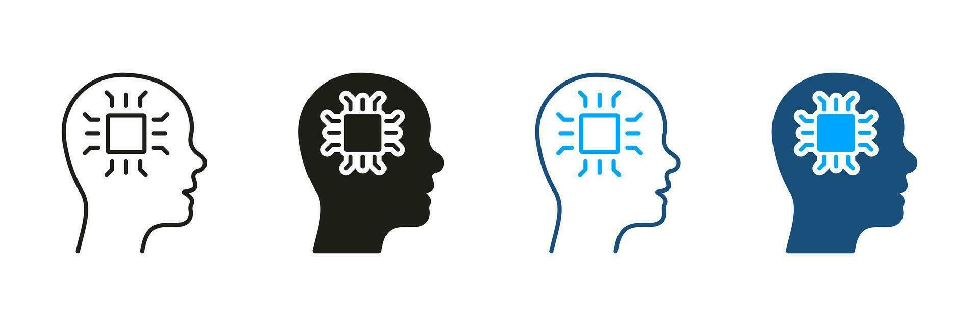 Innovation Neuroscience AI Concept Pictogram. Human Head and Chip Technology Silhouette and Line Icons Set. Artificial Intelligence Black and Color Symbol Collection. Isolated Vector Illustration.