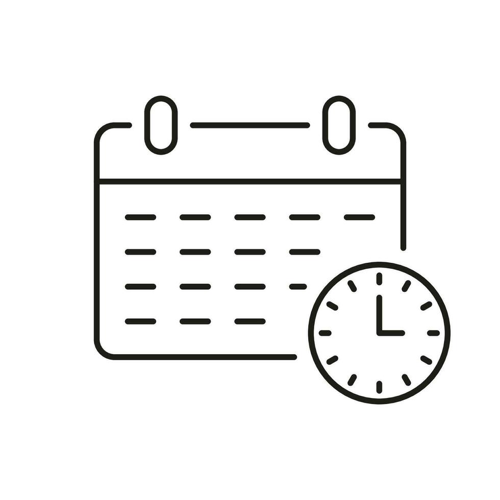 Calendar with Clock Line Icon, Time Management Concept. Schedule, Deadline Linear Pictogram. Event Day Reminder Outline Symbol. Appointment Agenda Sign. Editable Stroke. Isolated Vector Illustration.