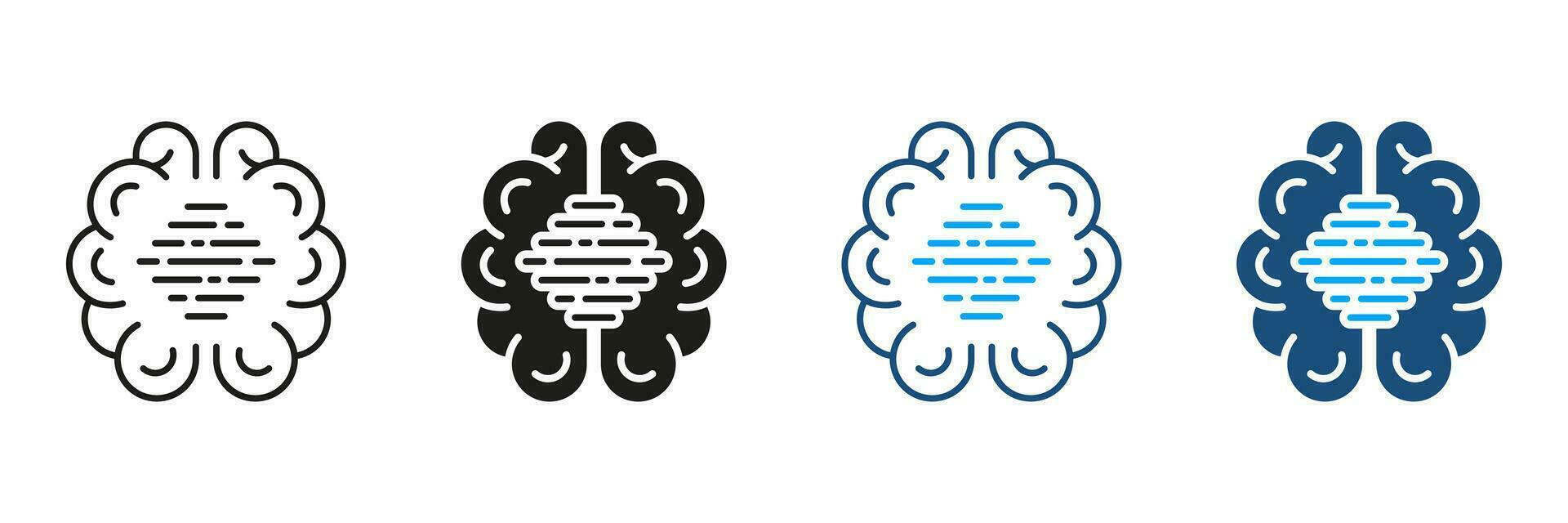 Human Brain with Circuit, Digital Technology Black and Color Symbol Collection. Artificial Intelligence Pictogram. Tech Science Silhouette and Line Icons Set. Isolated Vector Illustration.