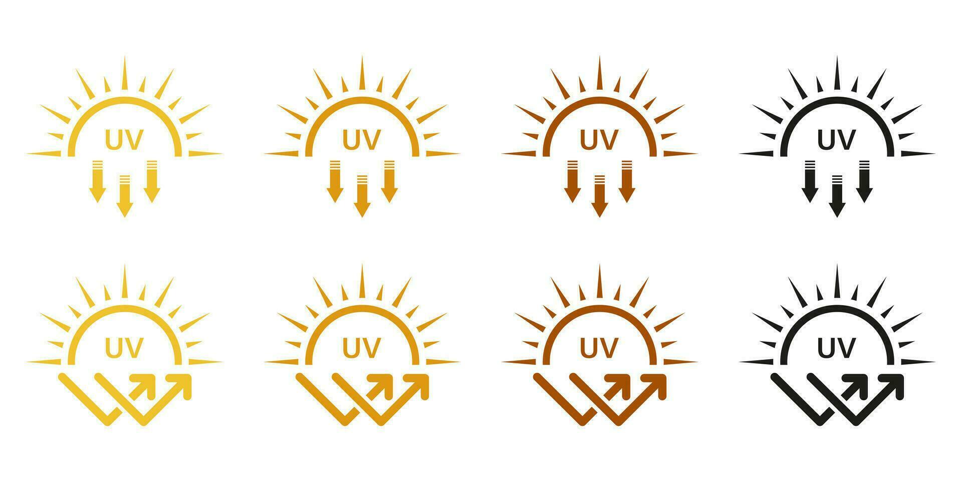 SPF Protection, Sunscreen Lotion Icon Set. Sunblock Cream Label. Skin Protect, Danger UV Sunlight Pictogram. Block Solar Radiation and Ultraviolet Rays Symbol Collection. Isolated Vector Illustration.