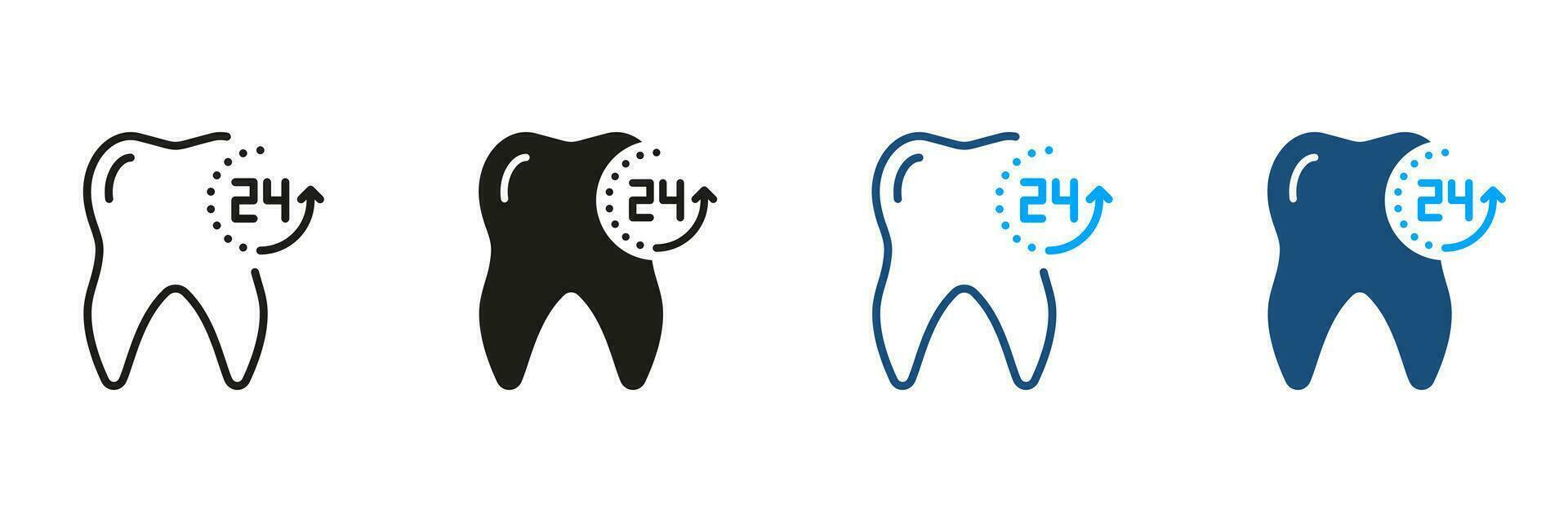 Dental Protection for 24 Hours Silhouette and Line Icons Set. Teeth Hygiene, Dental Treatment Symbol Collection. Oral Care, Fresh Tooth Pictogram. Dentistry Sign. Isolated Vector Illustration.