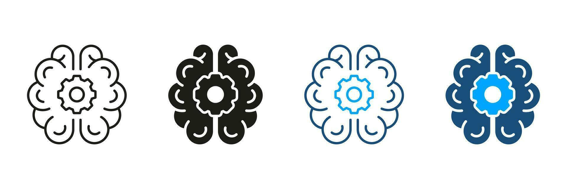 Technical Solution Black and Color Symbol Collection. Smart Innovation Pictogram. Human Brain with Gear Silhouette and Line Icons Set. Engineering Concept. Isolated Vector Illustration.