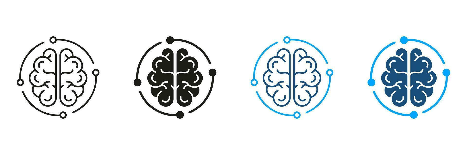 Neurology and Artificial Intelligence Black and Color Symbol Collection. Tech Science Sign. Human Brain and Digital Technology Silhouette and Line Icons Set. Isolated Vector Illustration.