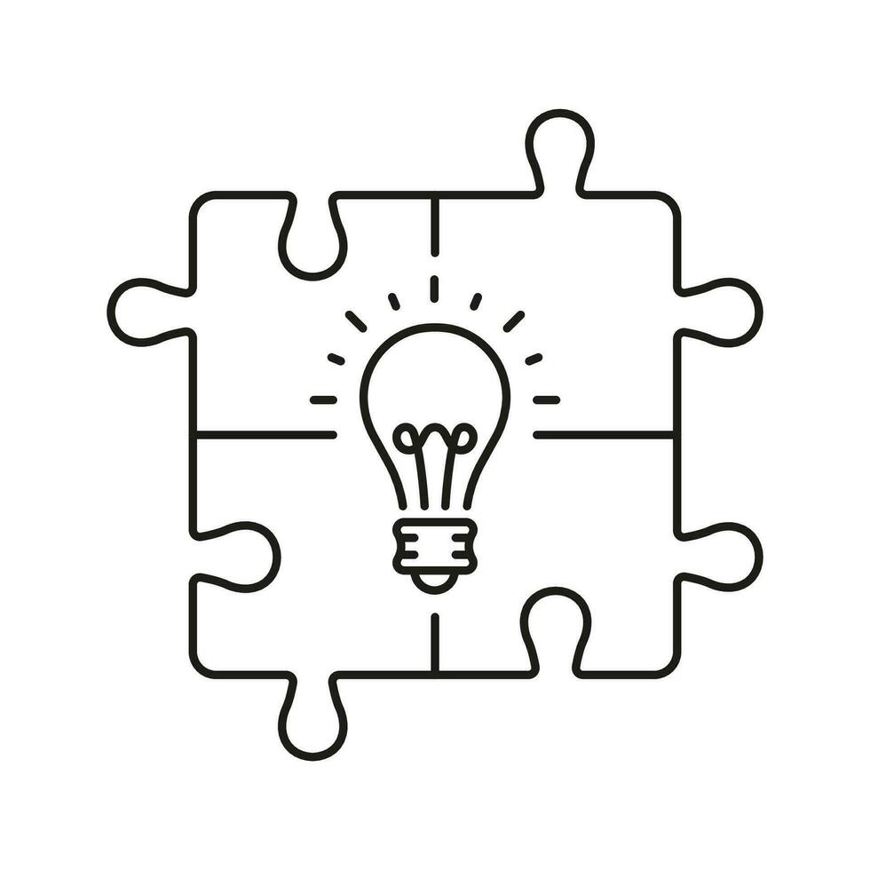 Lightbulb in Puzzle, Solution Concept Pictogram. Success Innovation, Inspiration, Idea Line Icon. Invention Strategy Outline Sign. Jigsaw in Light Bulb. Editable Stroke. Isolated Vector Illustration.