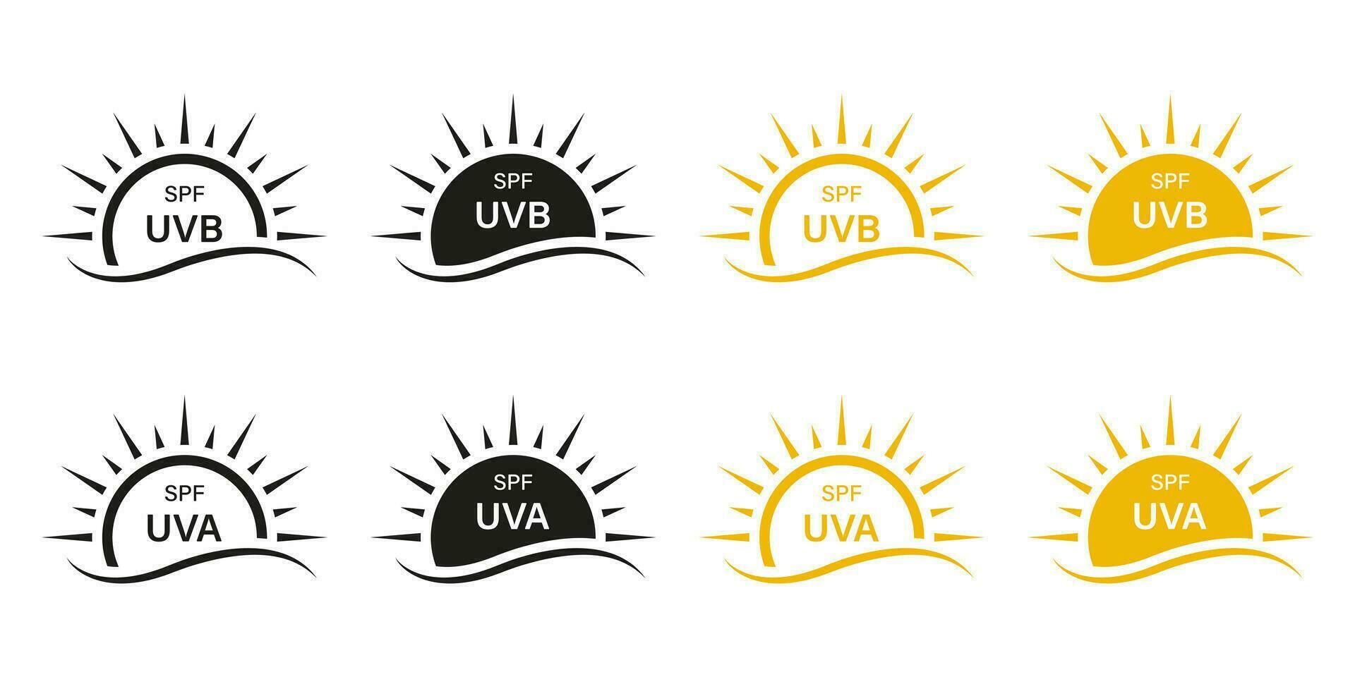 Sunscreen Lotion, SPF UVA UVB Protect Icon Set. Sunblock Cream Labels. UV Skin Protection Pictogram. Anti Ultraviolet Rays, Block Solar Radiation Symbol Collection. Isolated Vector Illustration.