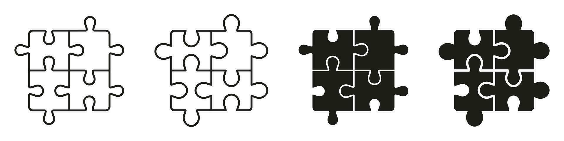 Teamwork, Idea, Logic Game, Combination Solution Symbols. Square Jigsaw Parts Fit Line Solid Pictogram Set. Puzzle Pieces Match Icon Collection. Isolated Vector Illustration.