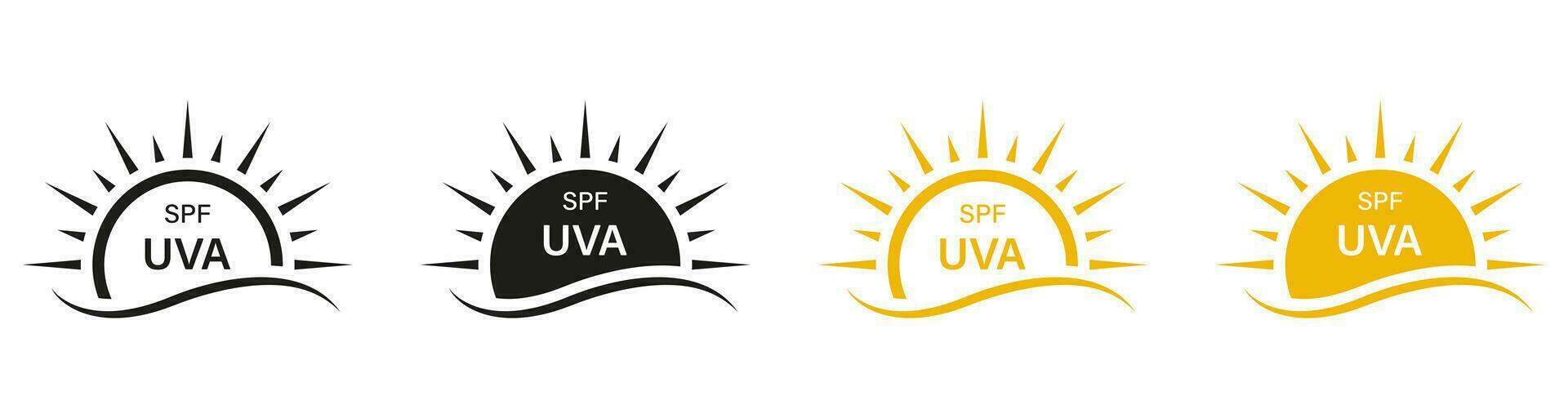 SPF UVA UVB Protection, Sunscreen Lotion Icon Set. UV Skin Protect Pictogram. Sunblock Cream Label. Block Solar Radiation, Anti Ultraviolet Rays Symbol Collection. Isolated Vector Illustration.