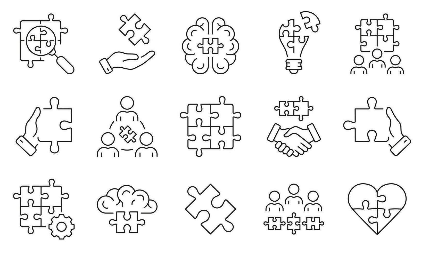 Business Partnership, Teamwork Line Icon Set. Team Connection, Communication Management Linear Pictogram. Jigsaw Puzzle Pieces Outline Symbol Collection. Editable Stroke. Isolated Vector Illustration.