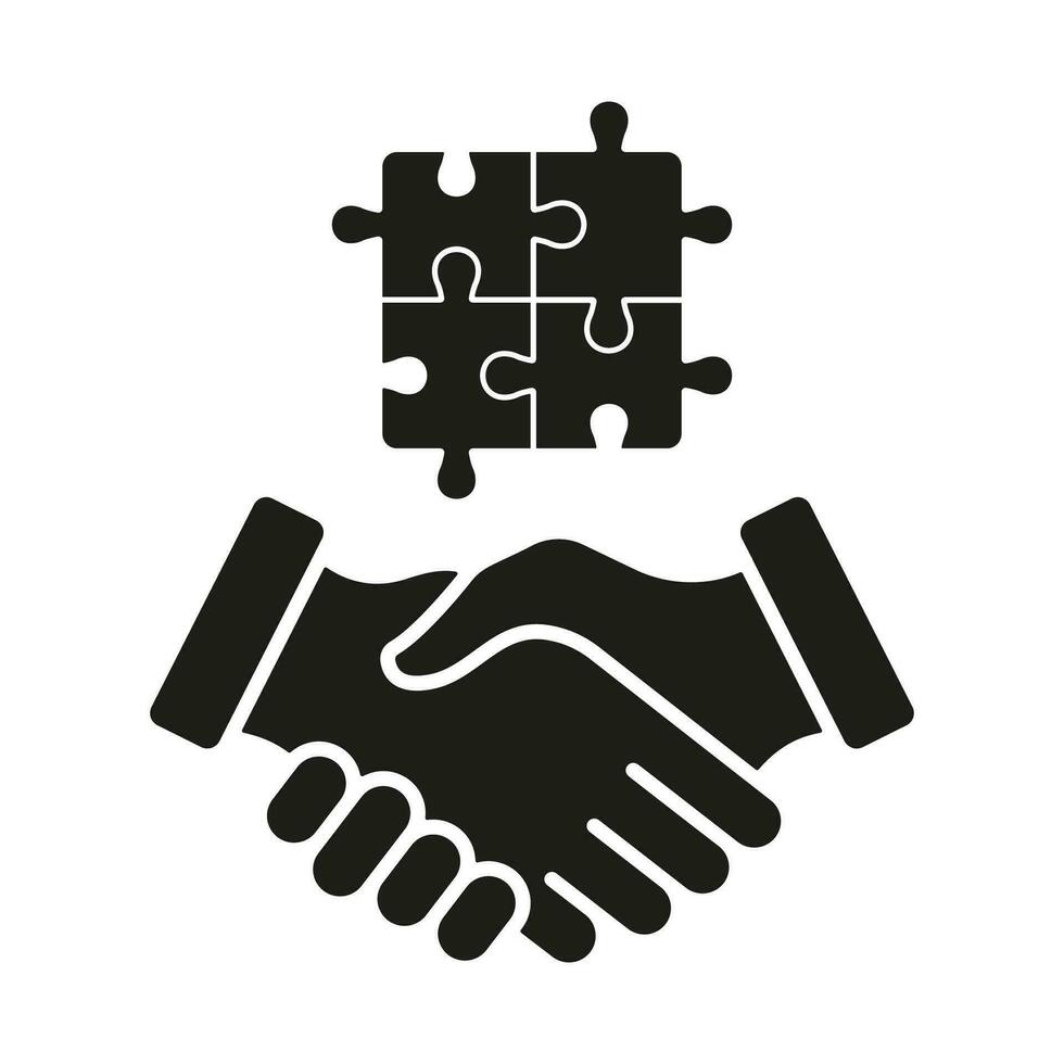 Jigsaw and Handshake Silhouette Icon. People Match, Found Solution Together, Business Cooperation Glyph Sign. Relationship, Agreement, Partnership Solid Pictogram. Isolated Vector Illustration.